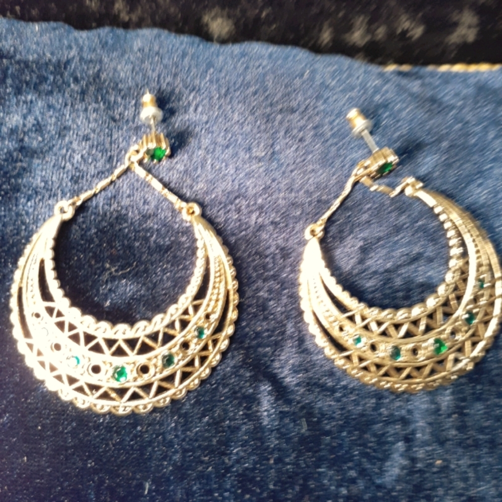 Gold Crescent, Green Rhinestone Stud